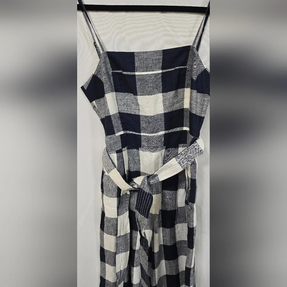J.‎ Crew 00 gingham beauchamps 100% linen strappy jumpsuit, wide leg, tie-waist
